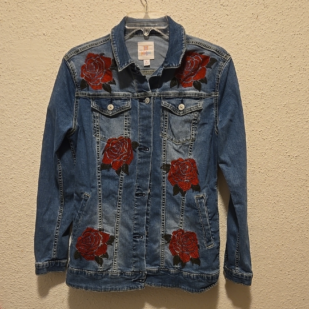 B12 LuLaRoe Blue and Red Jean Jacket with Embroidered Roses Sz Med